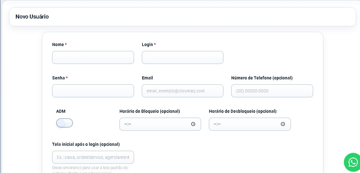 Captura atual do cadastro de usuário no CControle, com o campo Tela inicial após o login.