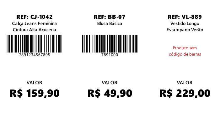 Prévia real da TAG 3,5cm x 6cm com três posições por linha, referência, nome, código e preço