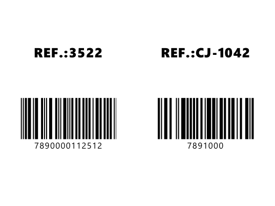 Prévia real da TAG 4cm x 6cm com duas posições por linha, referência e código de barras numérico