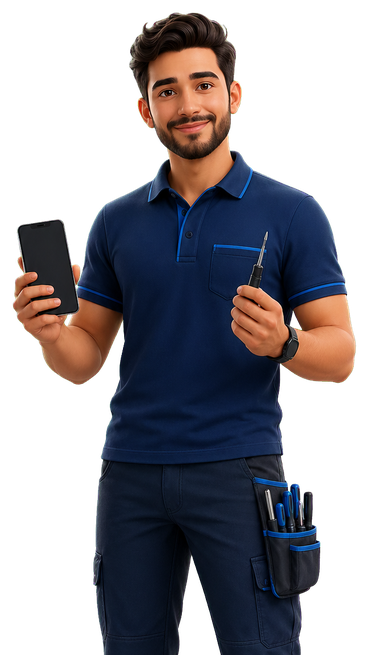 Técnico segurando celular ilustrando assistência técnica