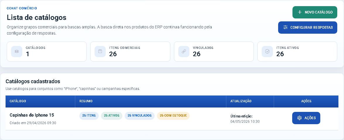 Print da tela de catálogos do CChat no C Controle