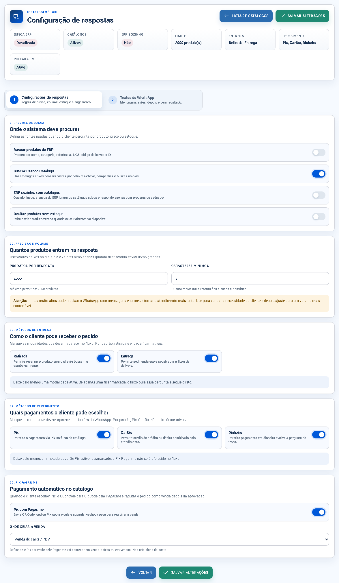 Print da tela de configuração de respostas do CChat no C Controle