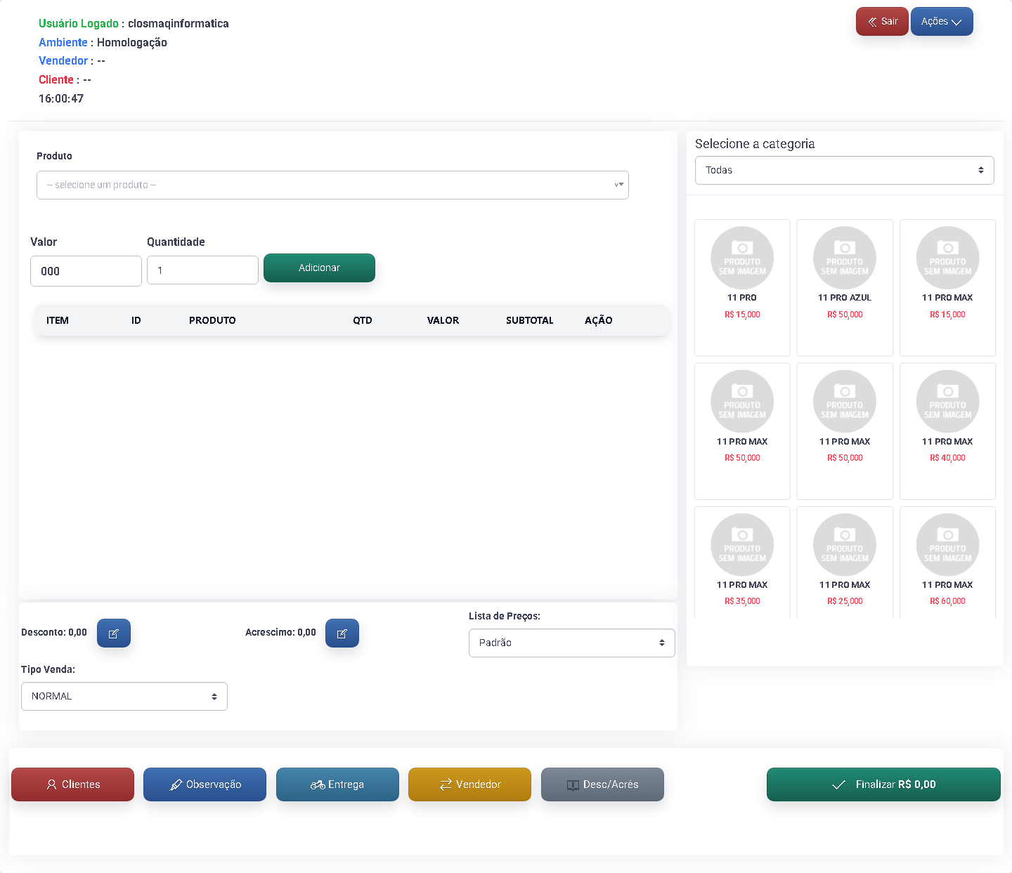 Interface Frente de Caixa