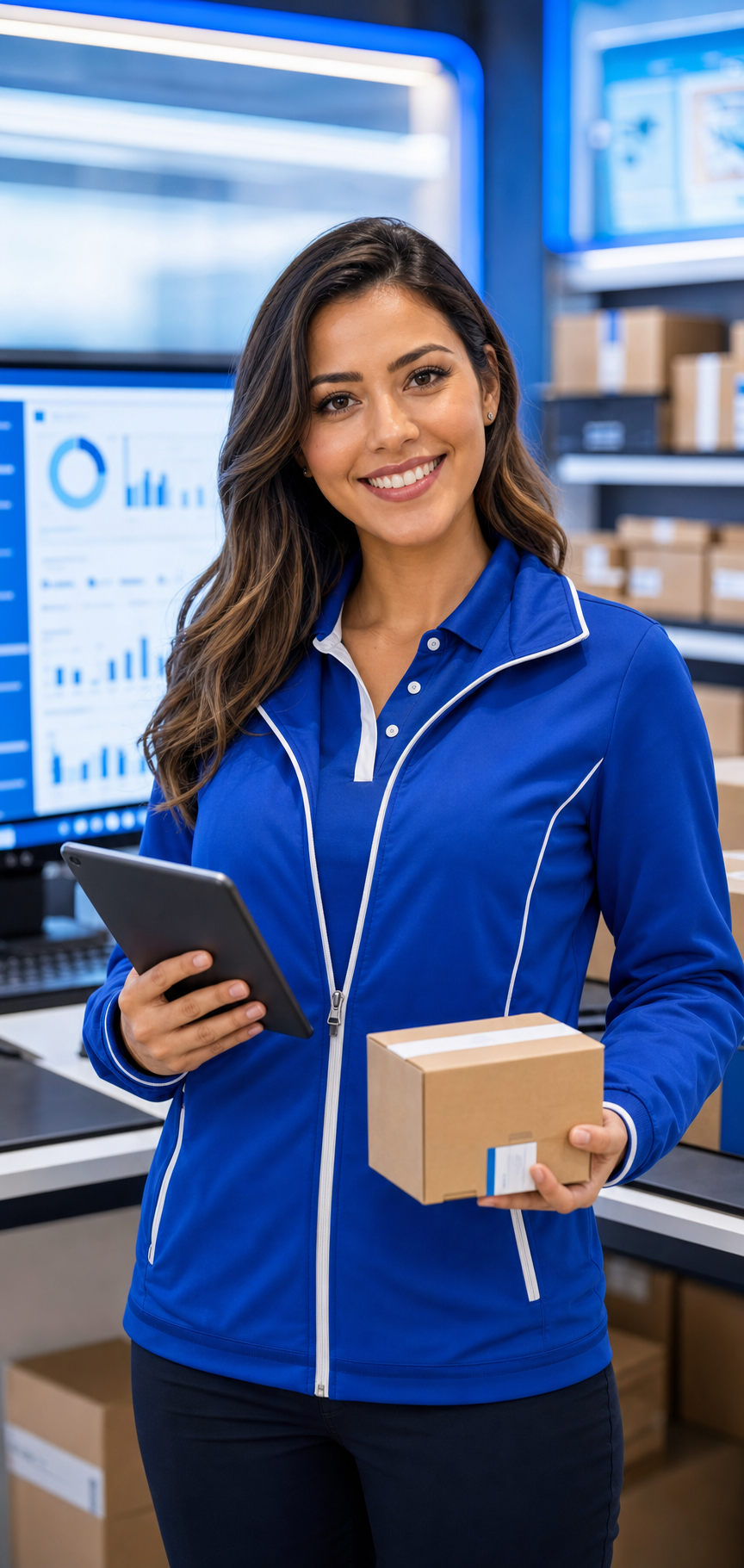 Especialista de operação e-commerce com uniforme azul conferindo pedido Magalu