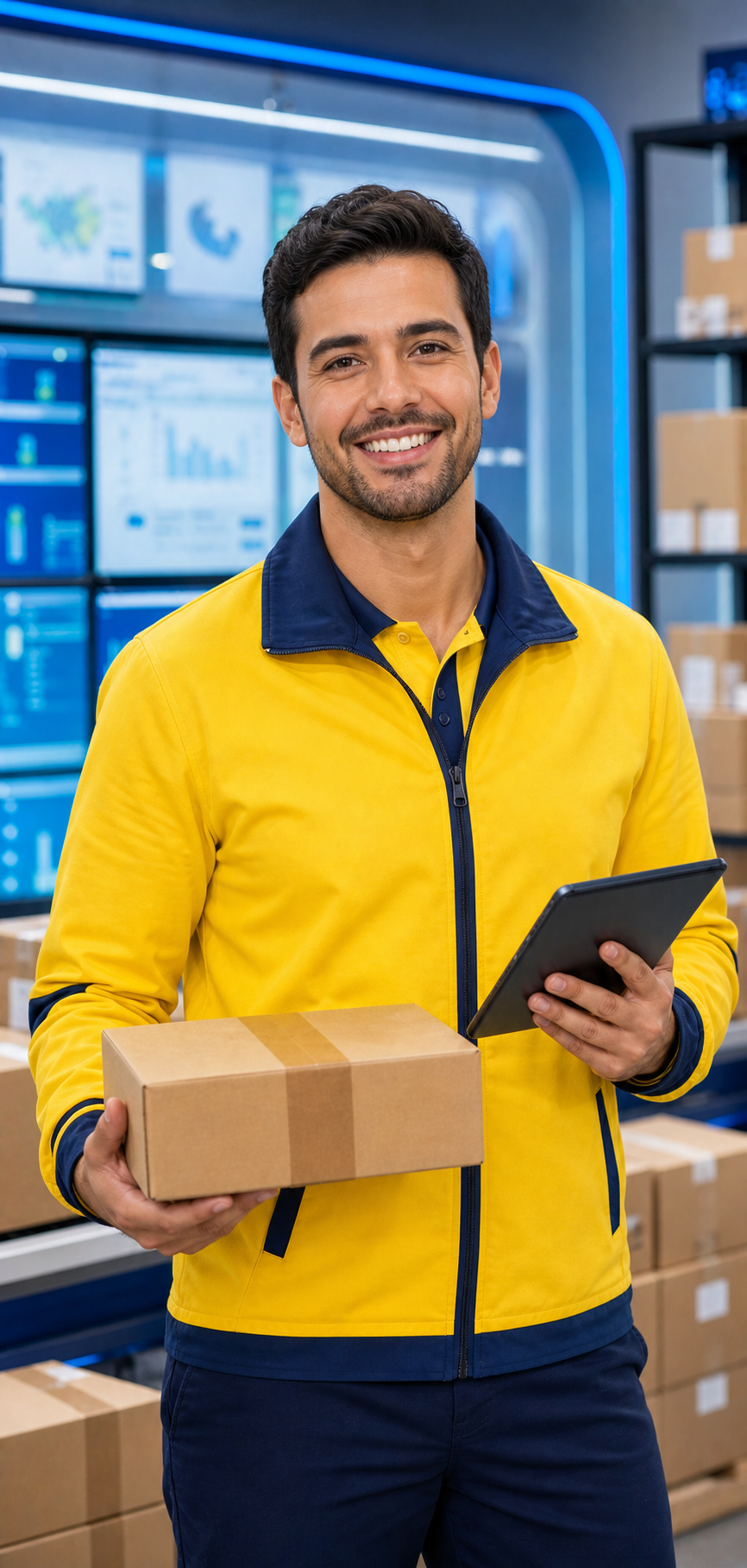 Especialista de operação e-commerce com uniforme amarelo conferindo pedido do Mercado Livre