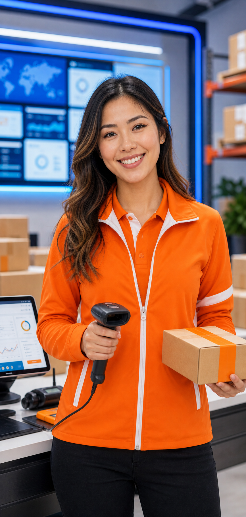 Especialista de operação e-commerce com uniforme laranja conferindo pedido da Shopee