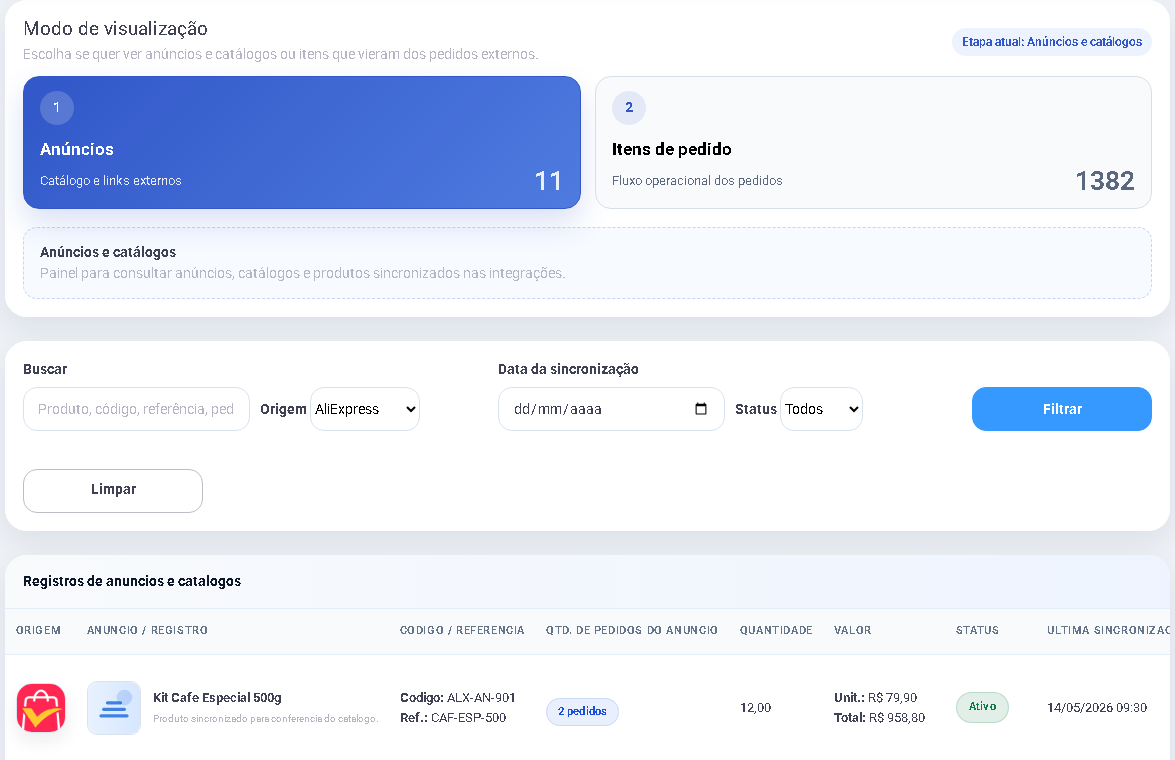 Anúncios e catálogo da integração AliExpress