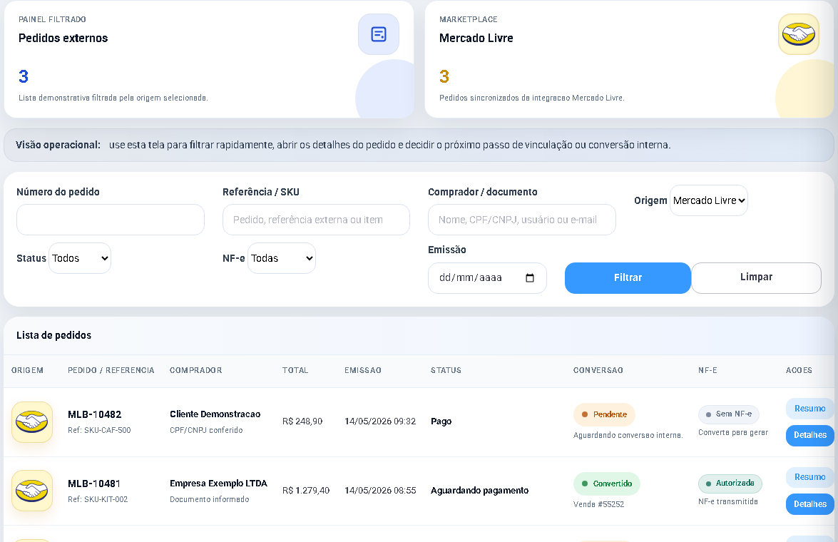 Pedidos externos da integração Mercado Livre