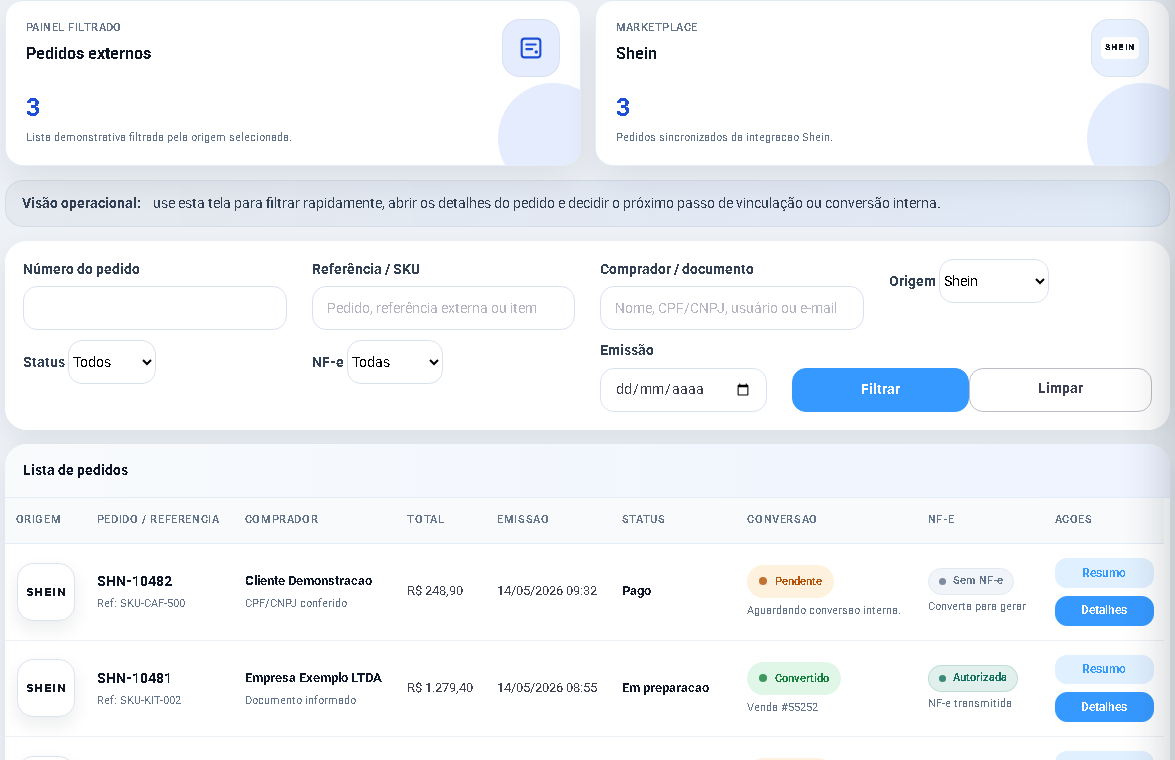 Pedidos externos da integração Shein