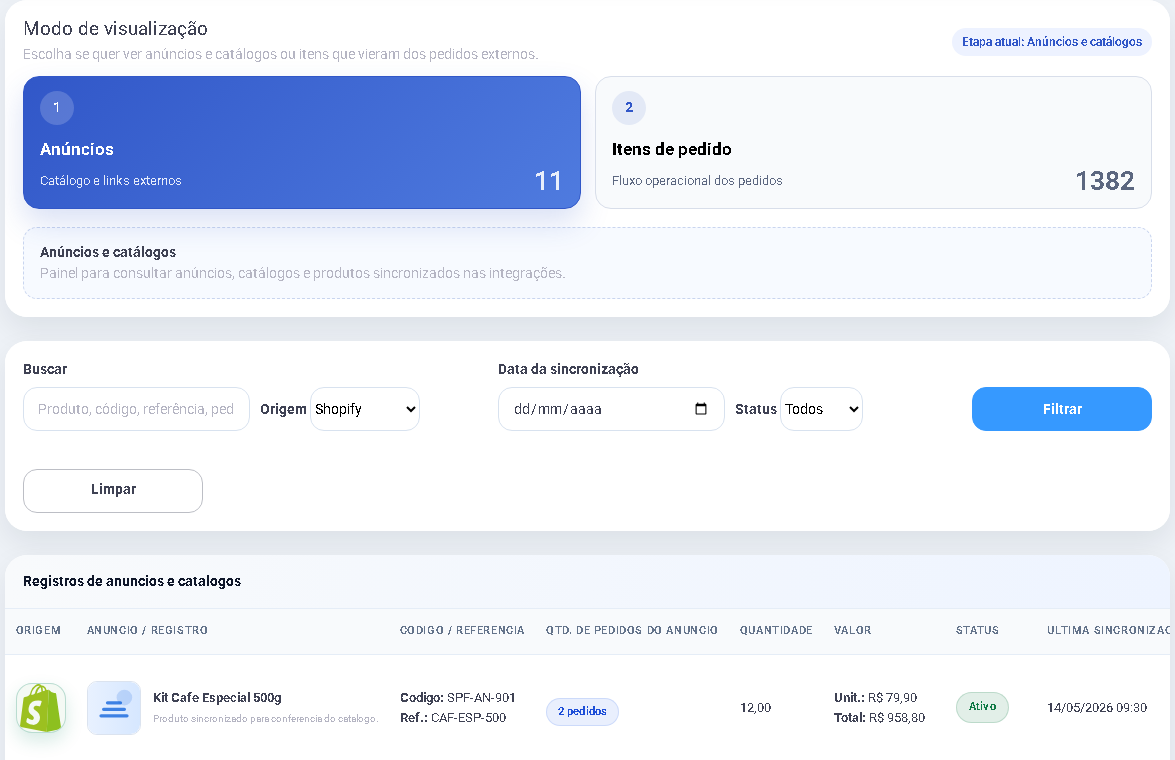 Anúncios e catálogo da integração Shopify