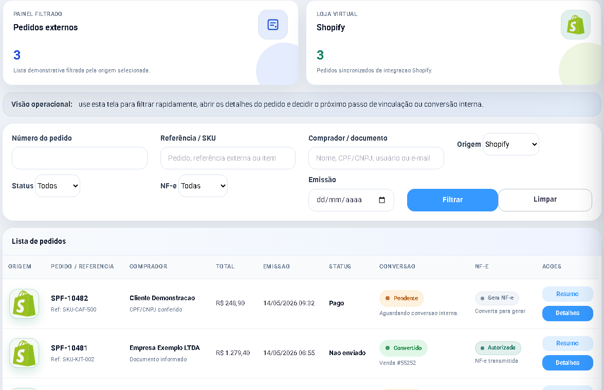 Pedidos externos da integração Shopify