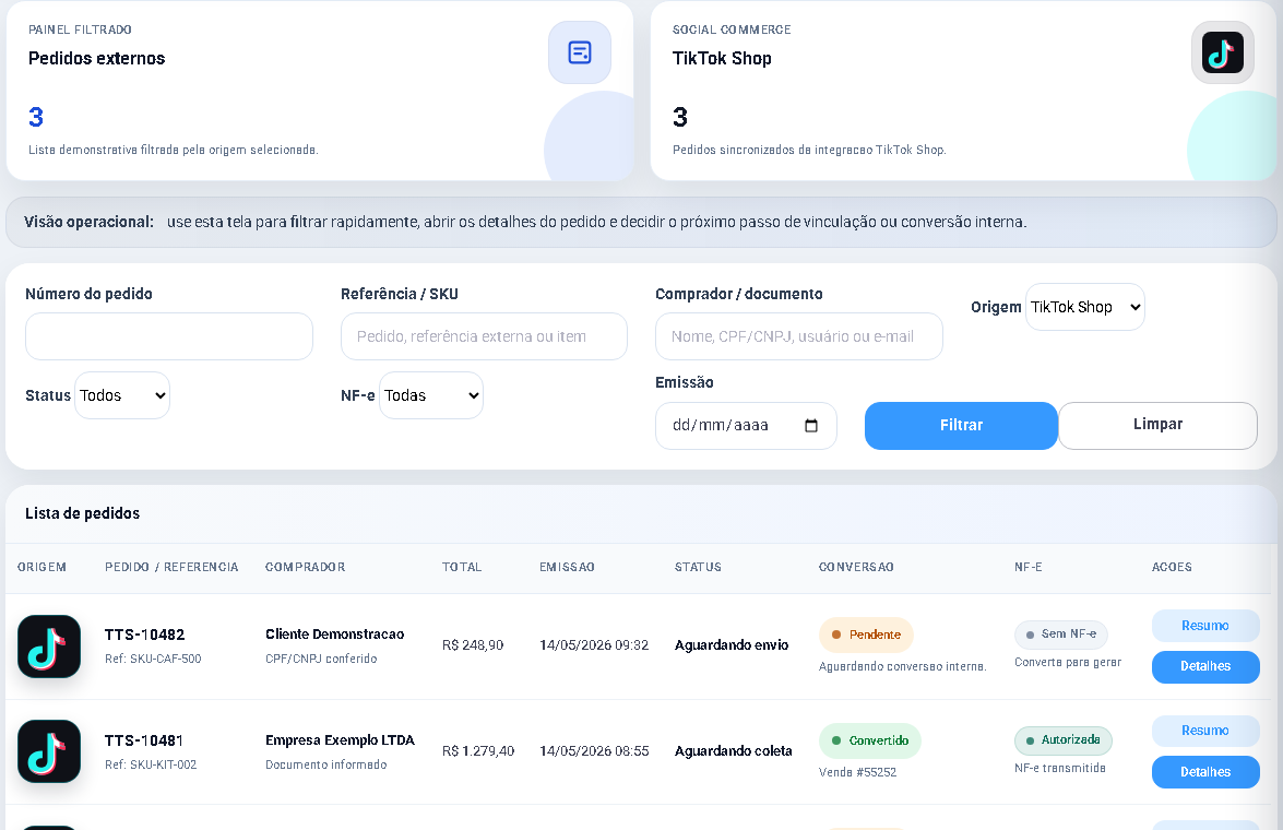 Pedidos externos da integração TikTok Shop