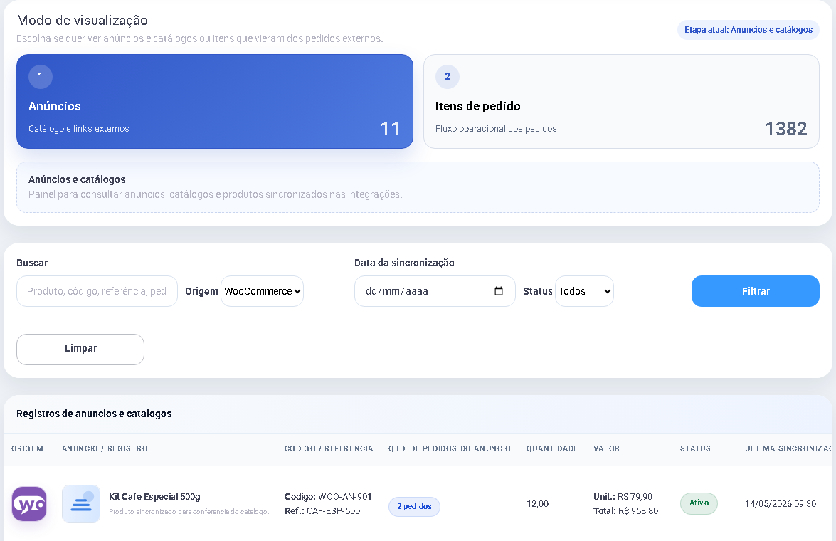Anúncios e catálogo da integração WooCommerce