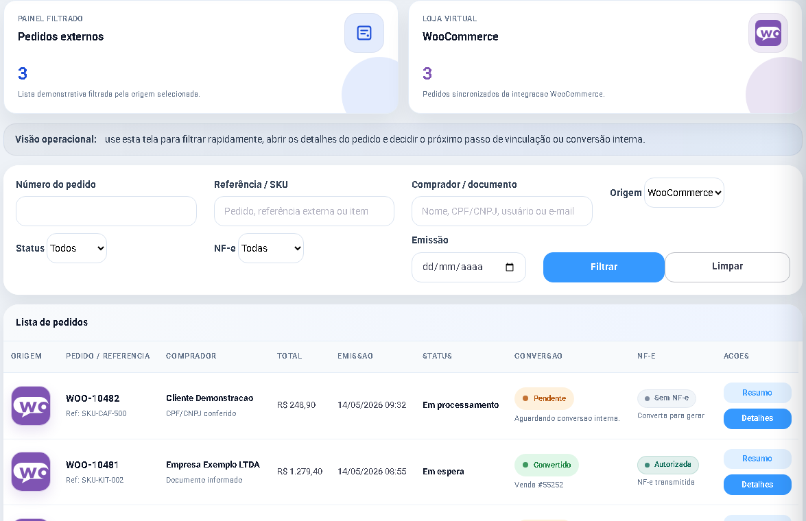 Pedidos externos da integração WooCommerce