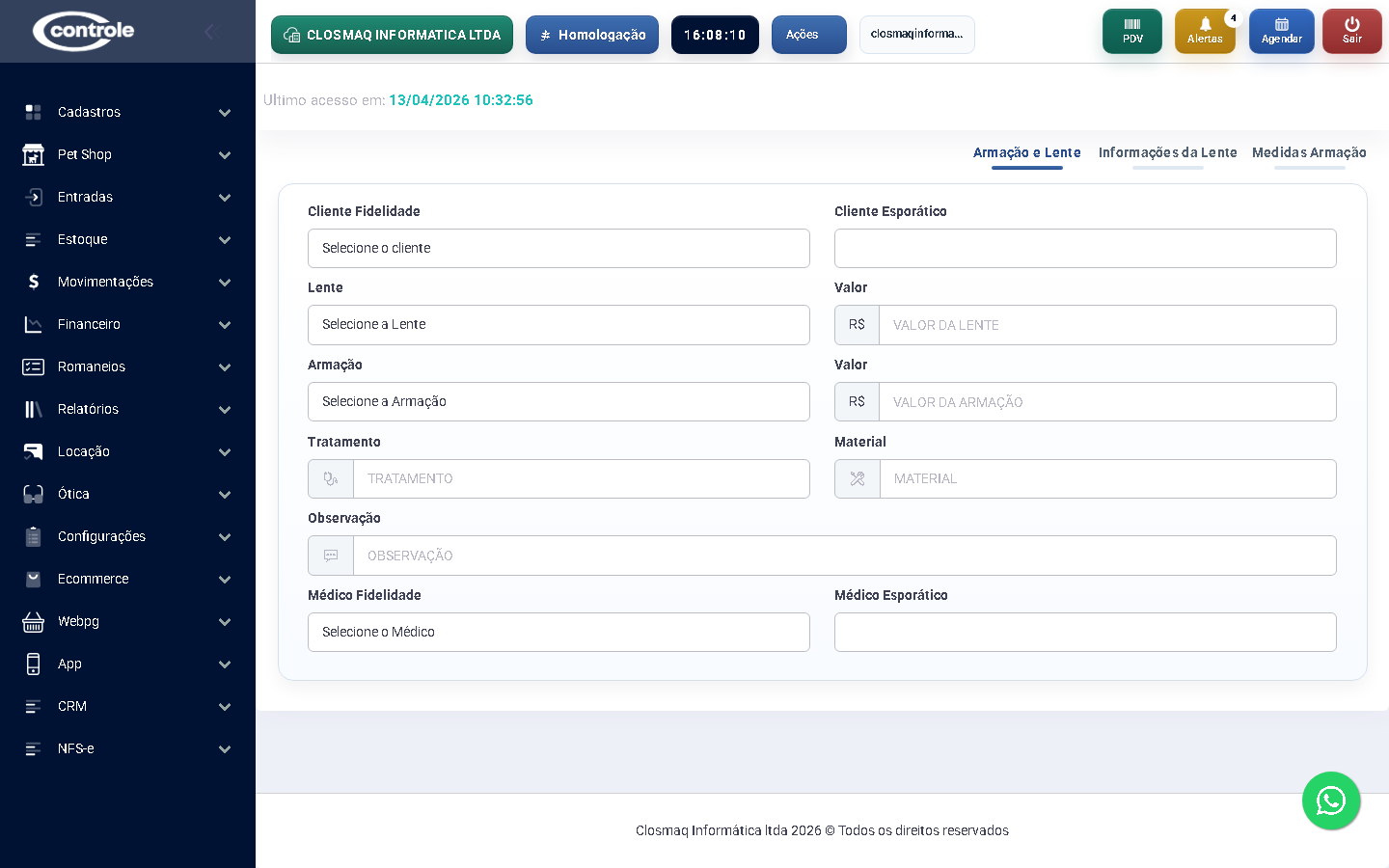 Tela do módulo C Controle Ótica