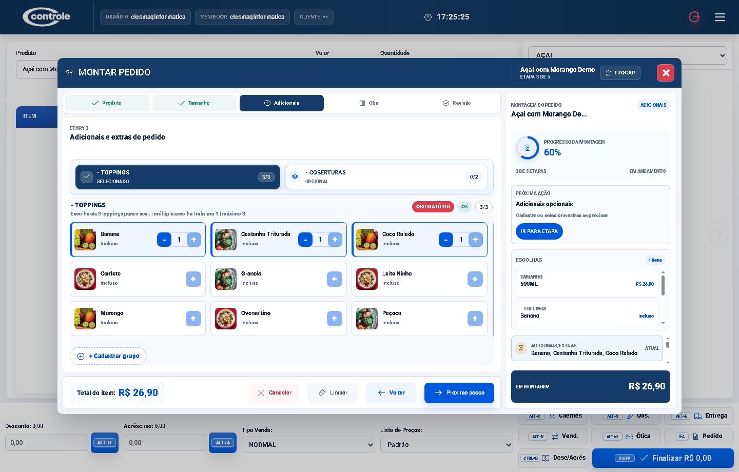 Modal de adicionais e extras do PDV