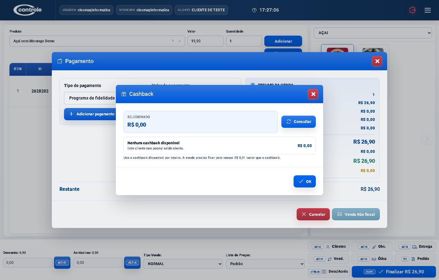 Pagamento do PDV com cashback
