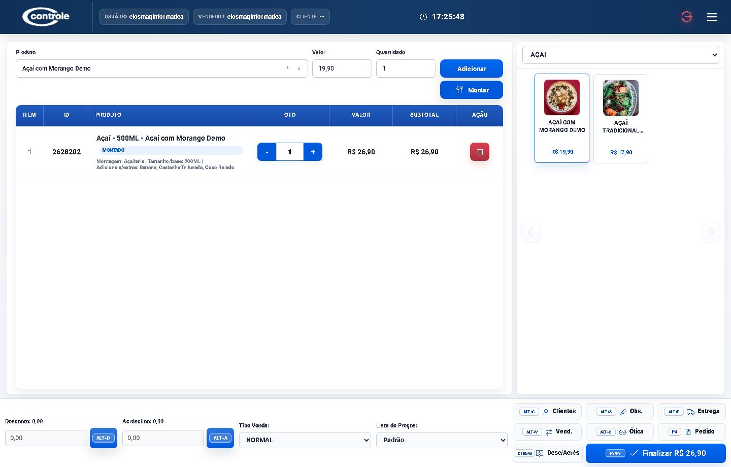 Interface do PDV com produtos, venda montada e carrinho em andamento