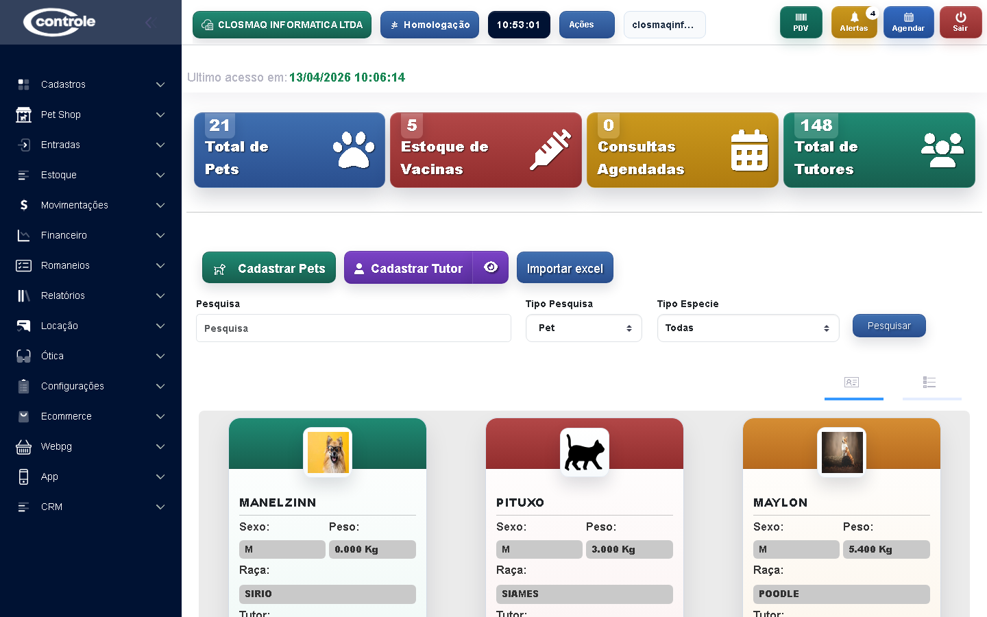 Lista do módulo Pet Shop