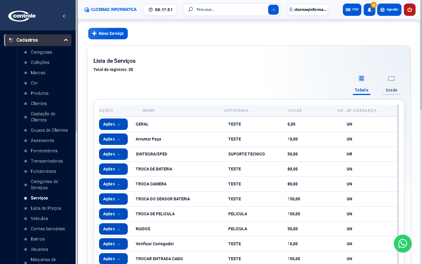 Lista de serviços usados em ordem de serviço